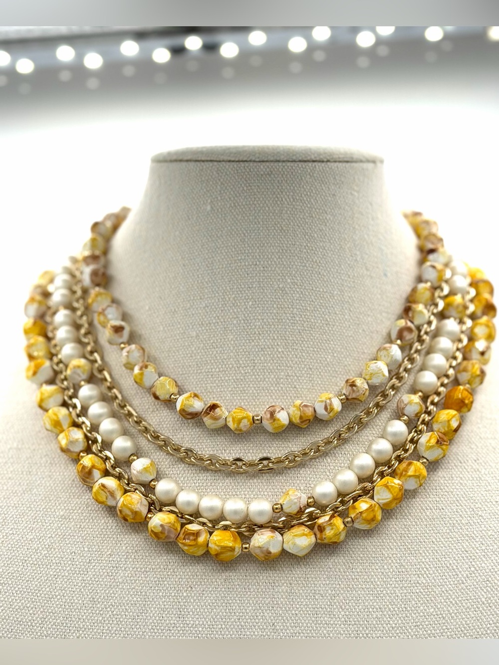 Vintage Hong Kong 5 Strand Faux Pearl & Marbled Yellow Tan Woman’s Necklace